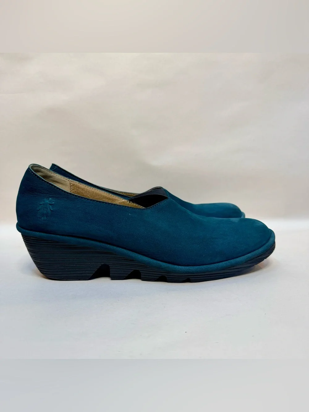 Fly London Teal Petrol Blue Wedge Slip On Shoes Elastic Gore Womens 40
